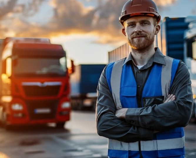 Colaborador de Viatela Carga Masiva con equipo de seguridad frente a camiones de carga, representando compromiso y profesionalismo en transporte de mercancías
