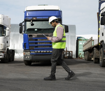 Colaborador de Viatela Carga Masiva con equipo de seguridad frente a camiones de carga, representando compromiso y profesionalismo en transporte de mercancías